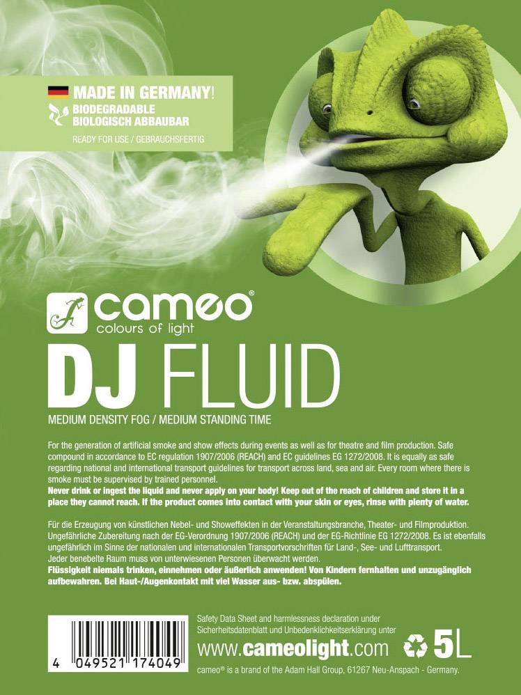 Grünes Chamäleon auf DJ Fog Fluid Etikett. Enthält Informationen zur biologischen Abbaubarkeit und Produktspezifikationen. 5 Liter.