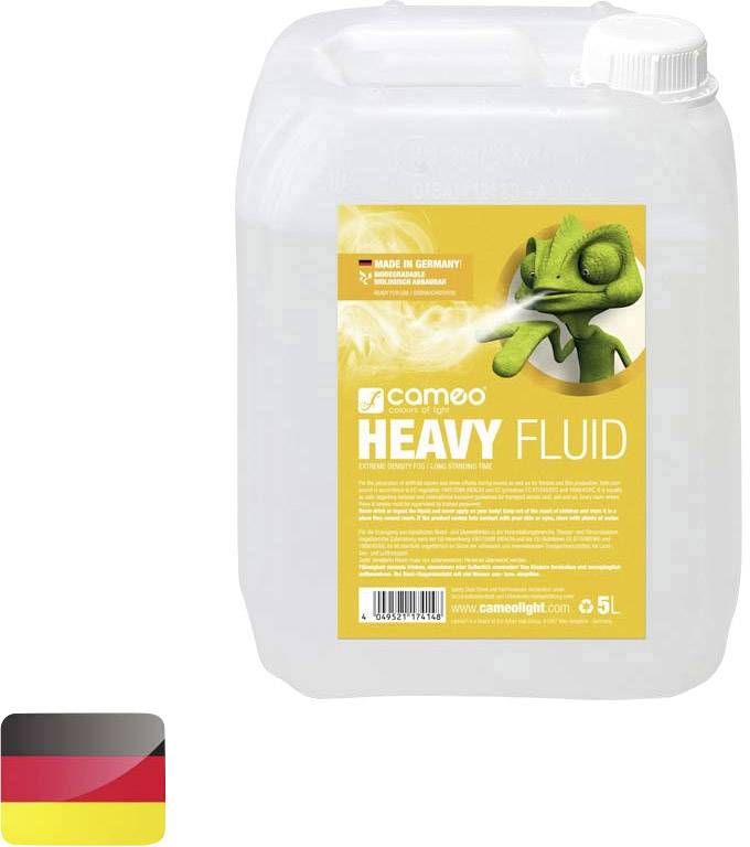 Ein 5-Liter-Kanister mit Nebelfluid der Marke Cameo, beschriftet als 'HEAVY FLUID', mit einem Label in Deutsch. Hergestellt in Deutschland.