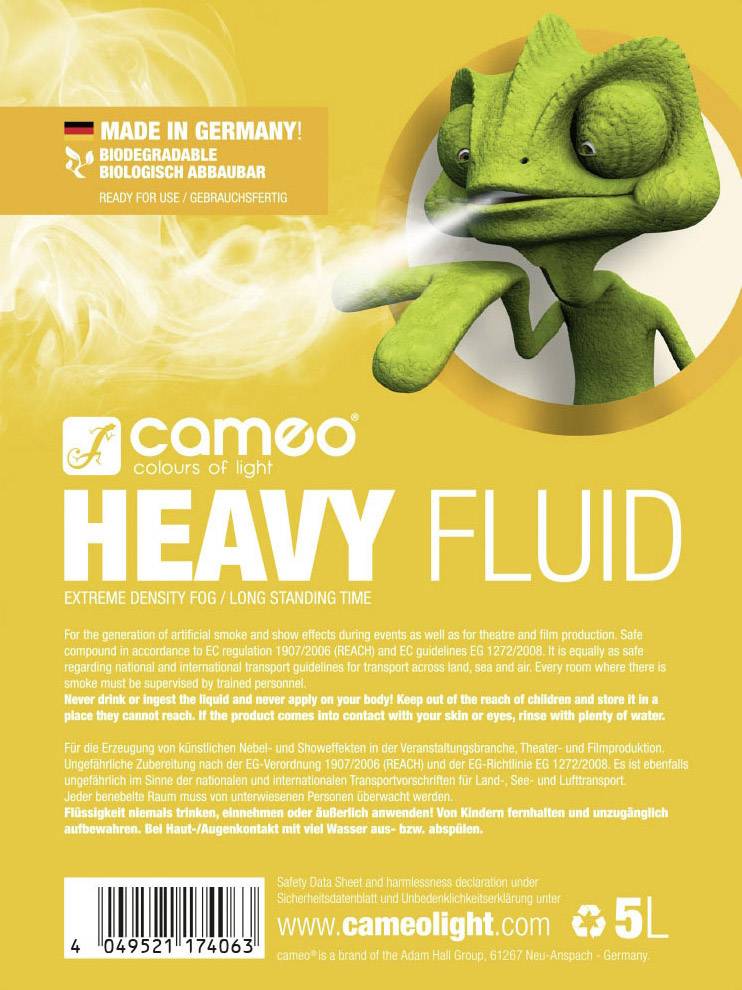 'Heavy Fluid' Nebelfluid Etikett, 5L, hergestellt in Deutschland. Enthält Informationen zur umweltfreundlichen Anwendung.