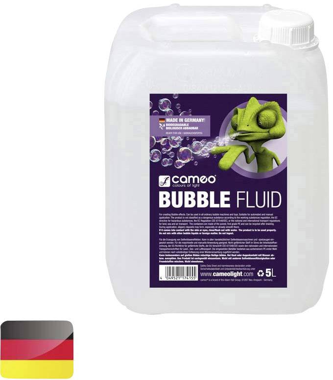 Kanister mit 5 Litern Cameo Bubble Fluid, geeignet für Seifenblasenmaschinen. Auf dem Etikett ist ein animierter Chamäleon zu sehen.