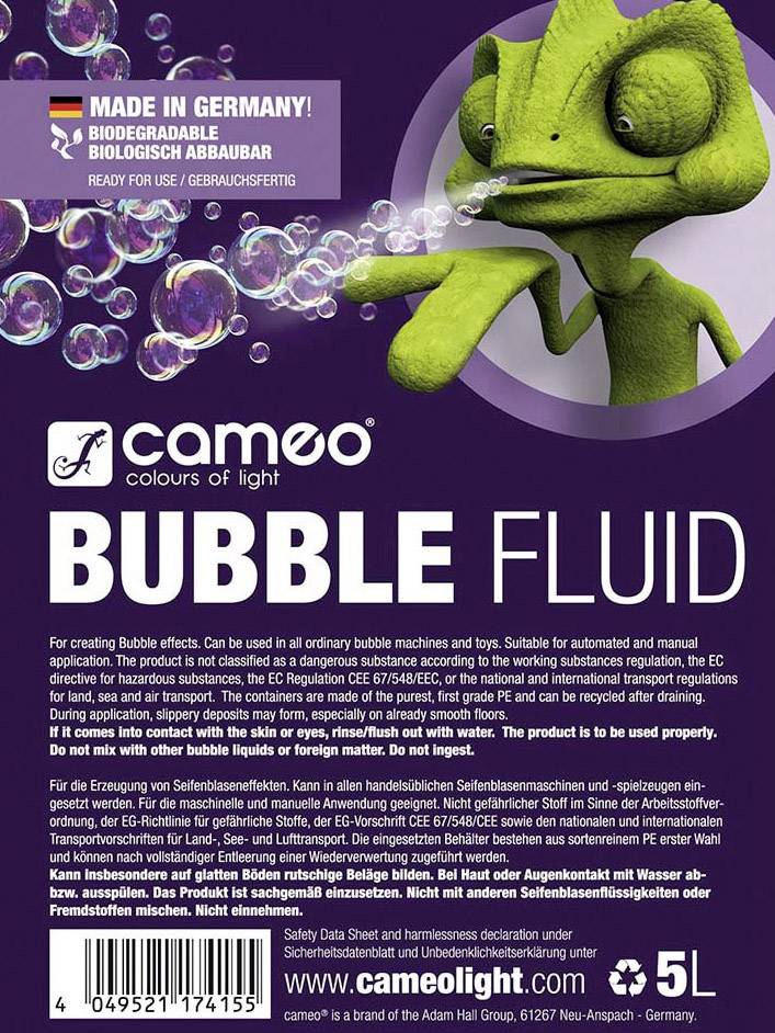 Etikett einer Flasche mit 'Bubble Fluid'. Enthält Hinweise zur Verwendung in Seifenblasenmaschinen. Eignet sich für professionelle Shows. Biologisch abbaubar und in Deutschland hergestellt. 5 Liter.