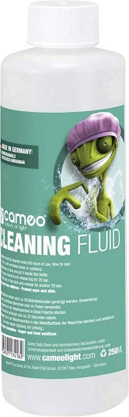 Plastikflasche mit grünem Etikett und einem cartoonhaften Chamäleon, das eine rosa Badekappe trägt. Text: 'Cameo Cleaning Fluid'. Enthält 250 ml.