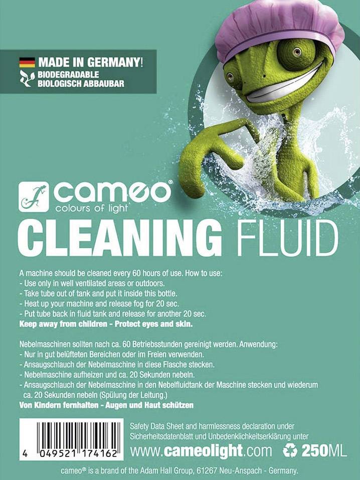 Reinigungsflüssigkeit von Cameo 'Cleaning Fluid', hergestellt in Deutschland, 250 ml. Hinweis: Vor Kindern fernhalten, Augen- und Hautschutz beachten.