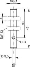 Technische Zeichnung eines Sensors mit M8x1-Gewinde, Gesamtlänge 45 mm, LED-Anzeige und Ø3,5 mm Messspitze.