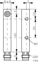 Technische Zeichnung eines schmalen Geräts mit Abmessungen: Breite 8 mm, Höhe 145 mm. Zwei Schraubenlöcher und eine runde Textur oben.