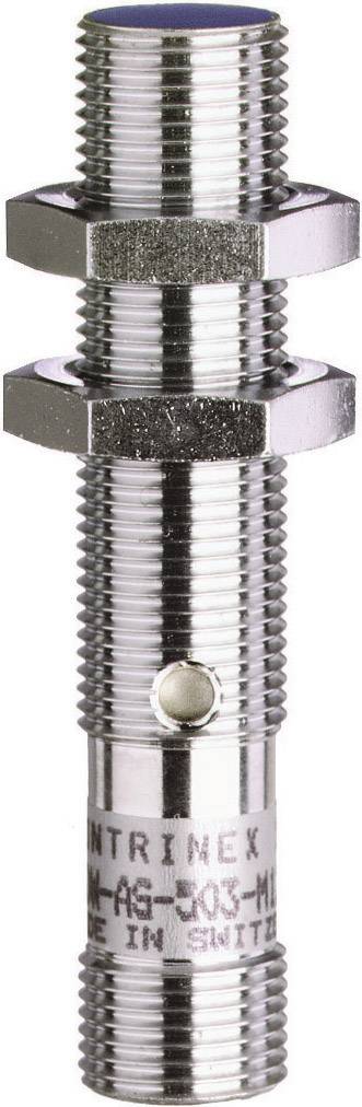 Metallsensor mit zylindrischem Gehäuse und Gewinde, wahrscheinlich ein Näherungssensor. Silberfarben, mit Beschriftung am unteren Teil.
