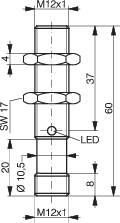 Technische Zeichnung eines zylindrischen Objekts mit Maßen in Millimetern. Zeigt Schraubengewinde M12x1 und LED-Anzeigeort.