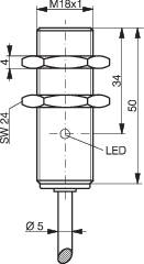 Technische Zeichnung eines zylindrischen Bauteils mit M18x1-Gewinde, Länge 50 mm, LED-Anzeige, Schraubenschlüsselweite 24 mm, Kabeldurchmesser 5 mm.