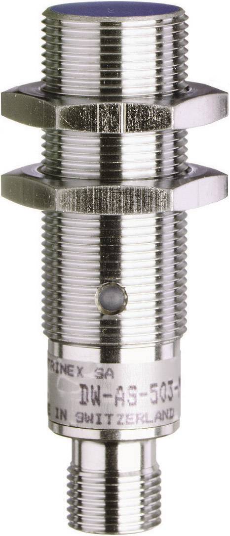 Ein zylindrischer Näherungssensor aus Metall mit Gewinde und zwei Sechskantmuttern.