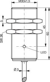 Technische Zeichnung eines zylindrischen Bauteils mit LED-Anzeige, M30x1,5 Schraubgewinde, Gesamthöhe 60 mm, Durchmesser 5 mm.