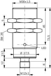 Technische Zeichnung eines zylindrischen Teils mit Gewinden 'M30x1,5', 'M12x1'. Detailmaße und Position der 'LED' sind angegeben.