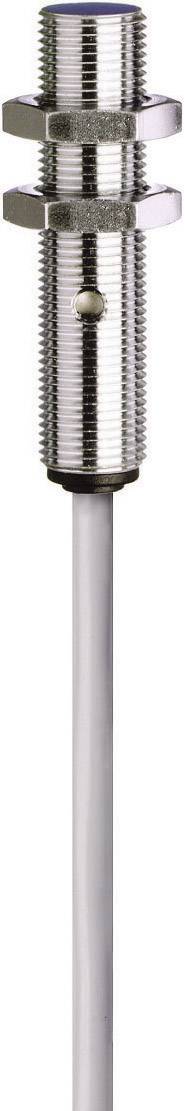 Ein zylindrischer Metallsensor mit Gewinde, zwei Muttern und einem Kabel am Ende, wahrscheinlich ein Näherungssensor für industrielle Anwendungen.