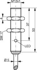 Technische Zeichnung eines zylindrischen Steckers mit M12x1 Gewinde, LED-Anzeige, Maße: Ø5 mm, Länge 50 mm, Schlüsselweite SW17.