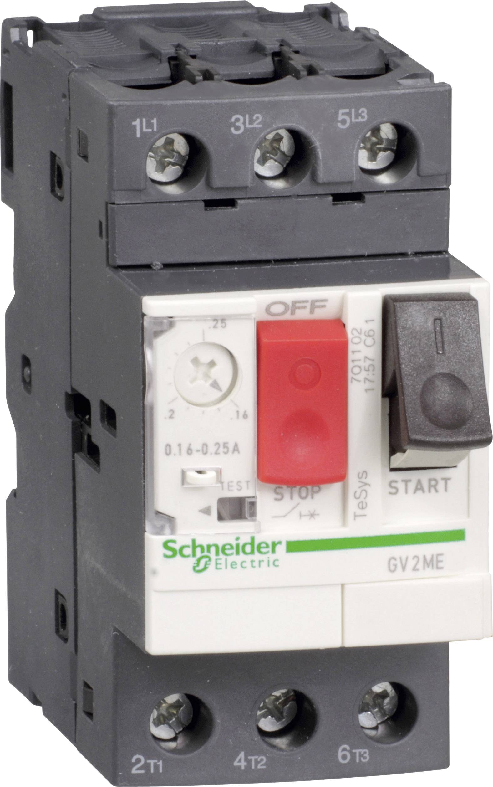 Ein Motorschutzschalter von Schneider Electric mit einem Drehknopf zur Einstellung des Stroms von 0,16 bis 0,25 A und einem EIN/AUS-Schalter.