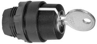 Schlüsselschalter mit eingefügtem Schlüssel, schwarzes Gehäuse, typische Anwendung in elektrischen oder industriellen Steuerungen.