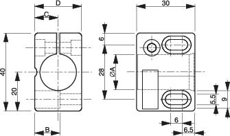 Technische Zeichnung eines rechteckigen Teils mit Bohrungen, Maßen und Schlitzen. Maße 40x30 mm, Bohrungsdurchmesser ØA.