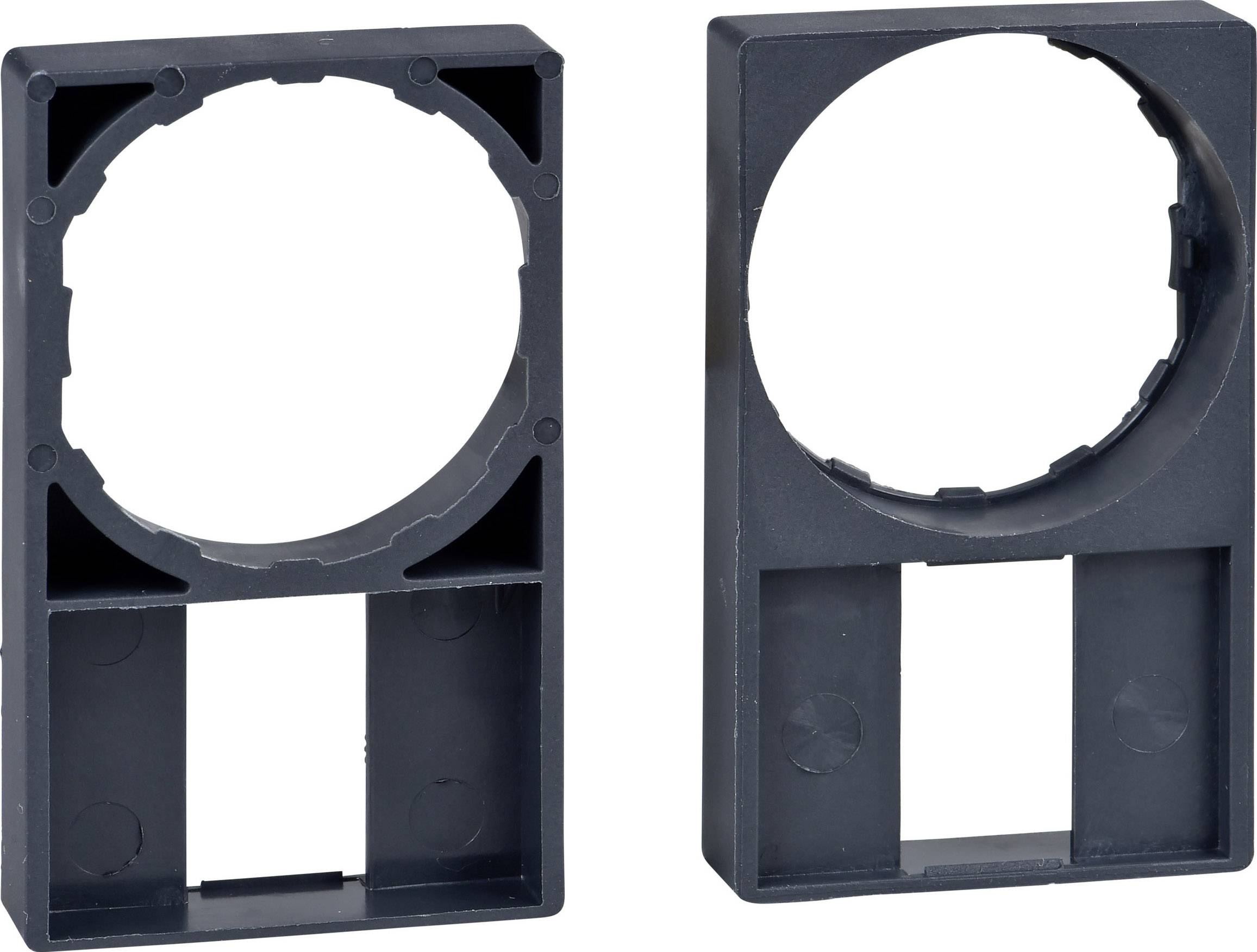 Zwei schwarze, rechteckige Adapter mit runden Öffnungen, die zum Einbau in Elektroinstallationen verwendet werden.
