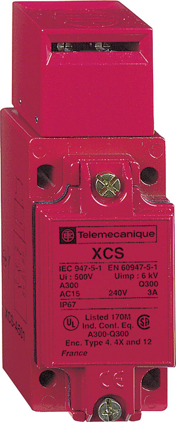 Roter Schutzschalter von Telemecanique, Modell XCS, mit Spezifikationen für elektrische Spannung und Stromstärke auf der Vorderseite.
