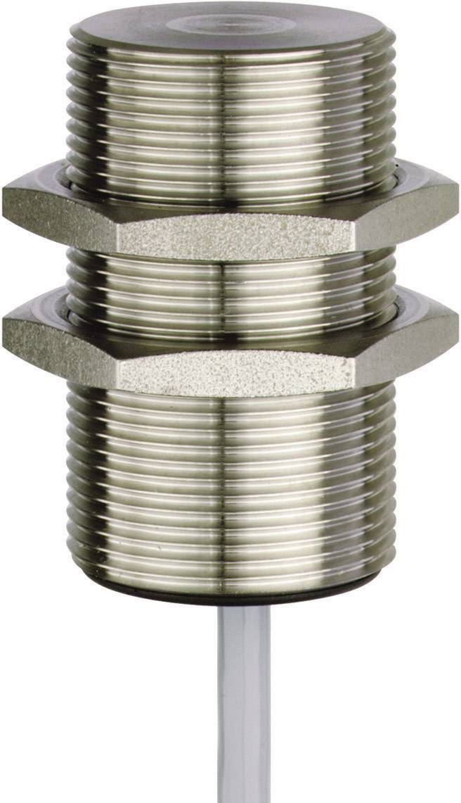 Zylindrischer metallischer Sensor mit Gewinde, zwei Muttern und Kabel, verwendet zur Objekterkennung in industriellen Anwendungen.