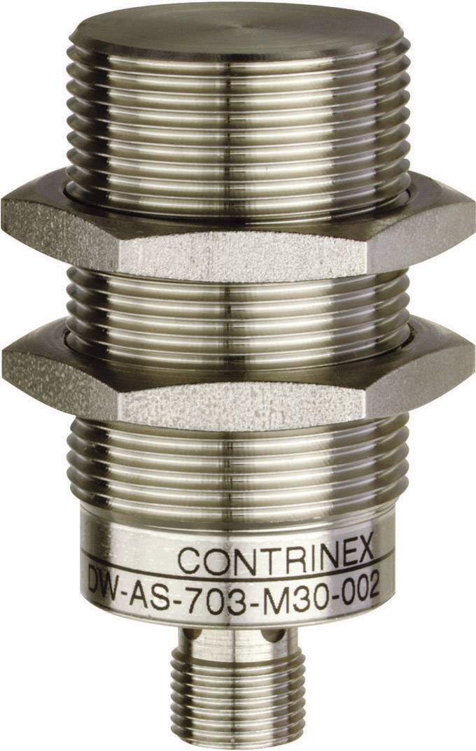Ein zylindrischer, metallischer Sensor mit Schraubgewinde und Beschriftung 'CONTRINEX DW-AS-703-M30-002'.