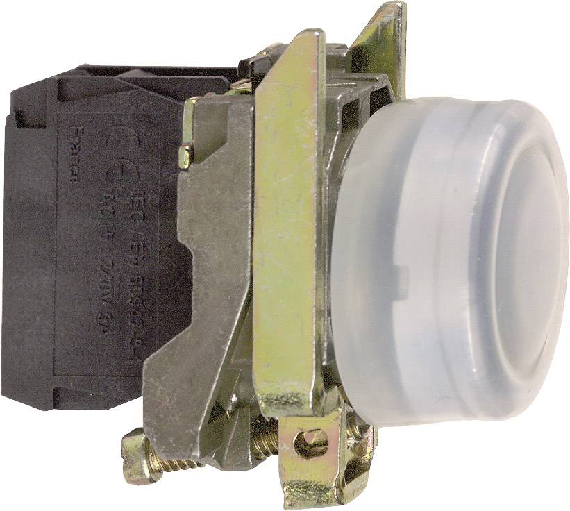 Drucktaster mit Kunststoffkappe und metallischem Gehäuse, seitlich abgebildet. Geeignet für industrielle Steuerungen.