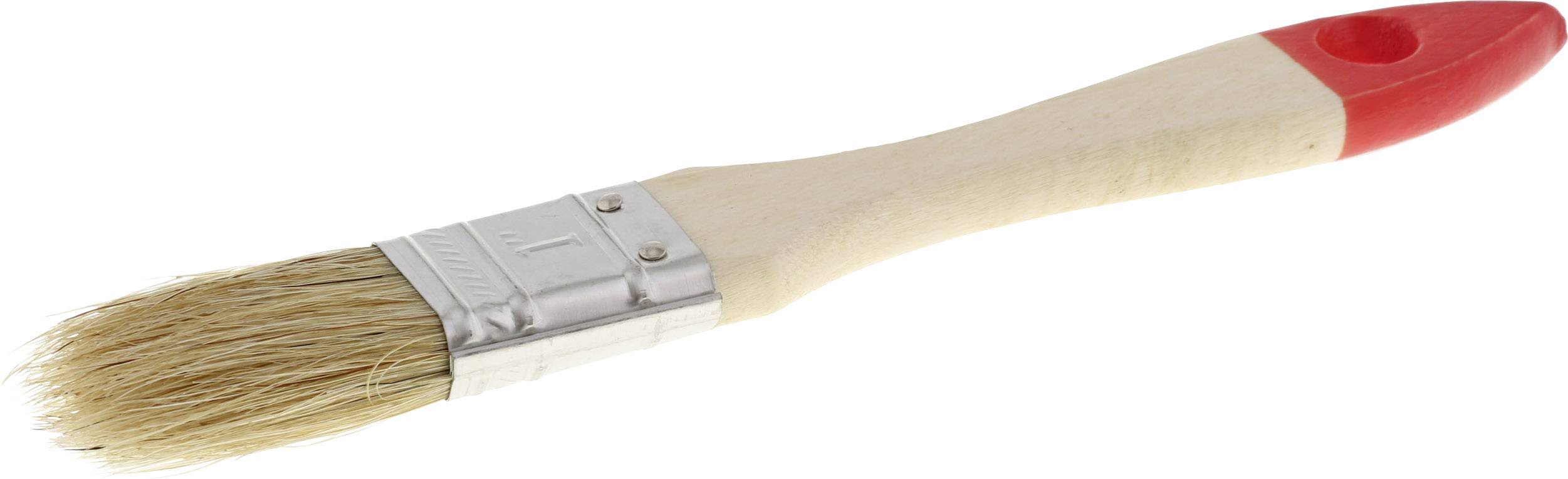 Ein einfacher Pinsel mit einem Holzgriff und hellbraunen Borsten, vorne mit Metall befestigt. Der Griff ist am Ende rot eingefärbt.