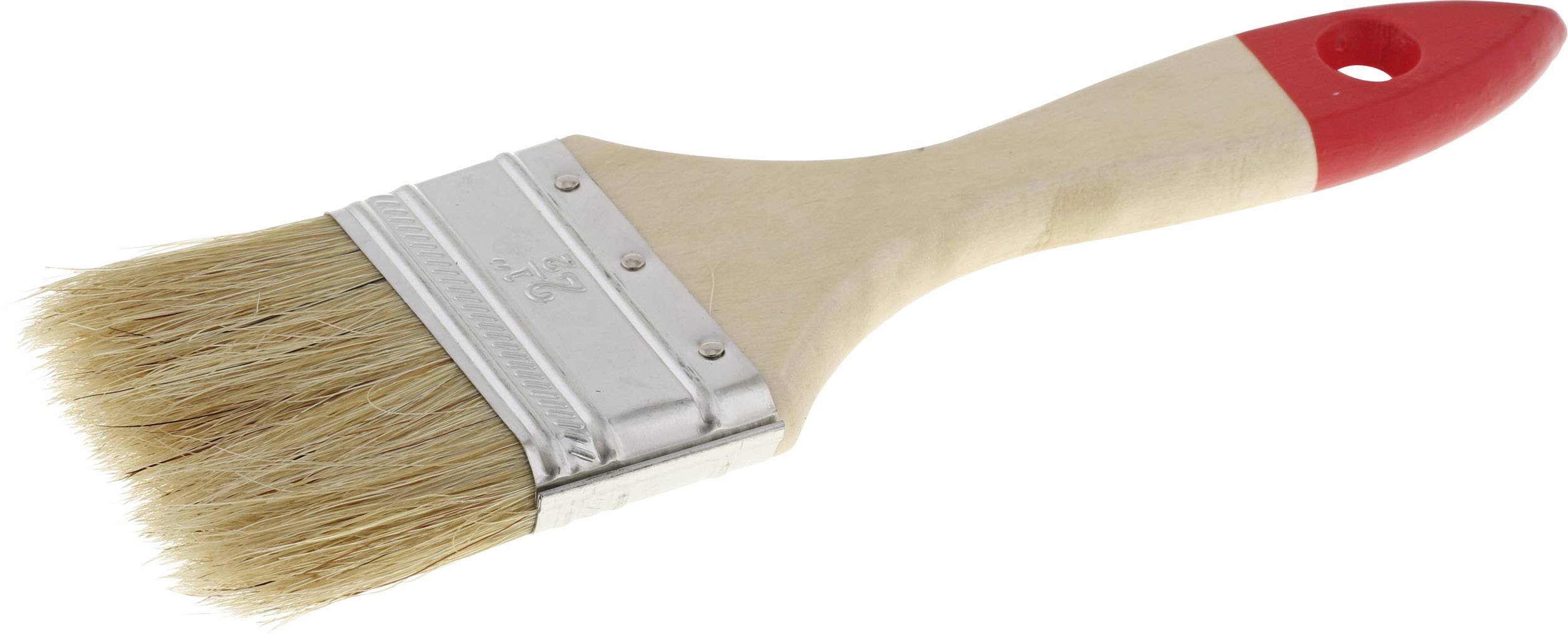 Ein breiter Pinsel mit Holzgriff und roten Kunststoffelementen, geeignet für Anstriche und Lasuren.