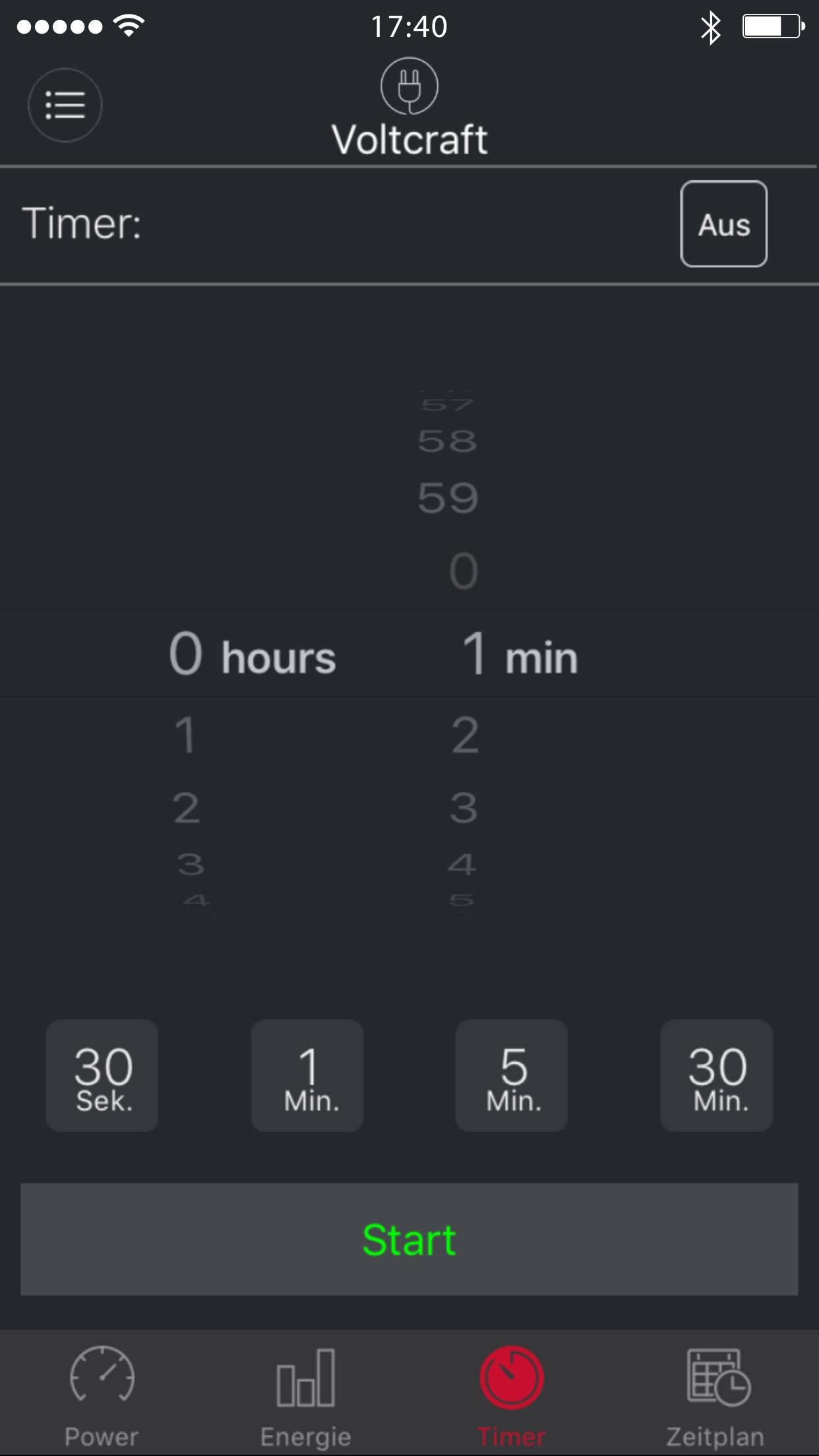 Timer-App-Bildschirm mit Einstellungsrad für Stunden und Minuten. Der Timer ist auf 0 Stunden und 1 Minute eingestellt. 'Start'-Taste unten.