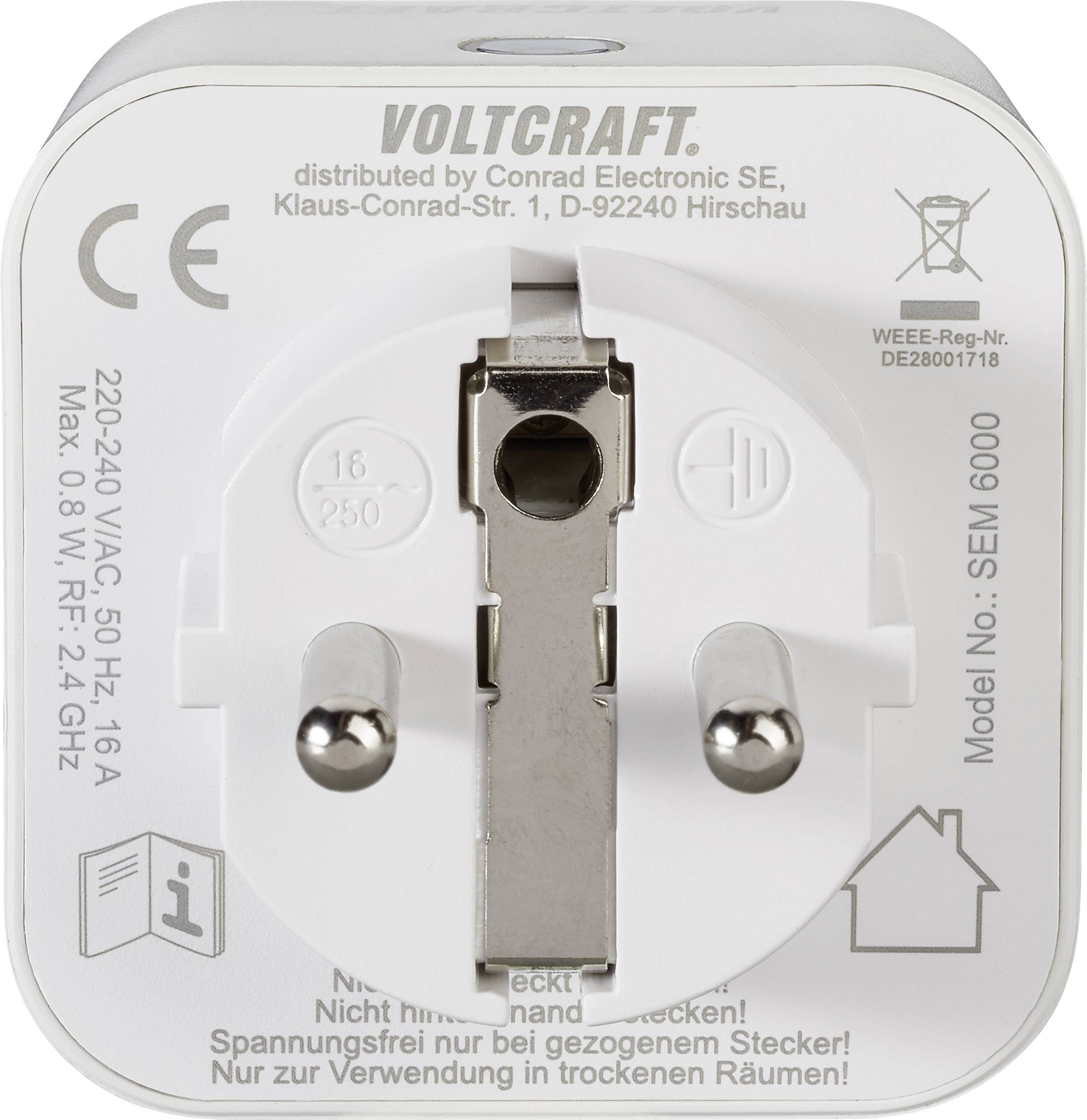 Rückansicht eines Steckadapters mit Marke 'Voltcraft' und technischen Spezifikationen: 16A, 250V, Modell SEM 6000, CE-Zertifizierung.