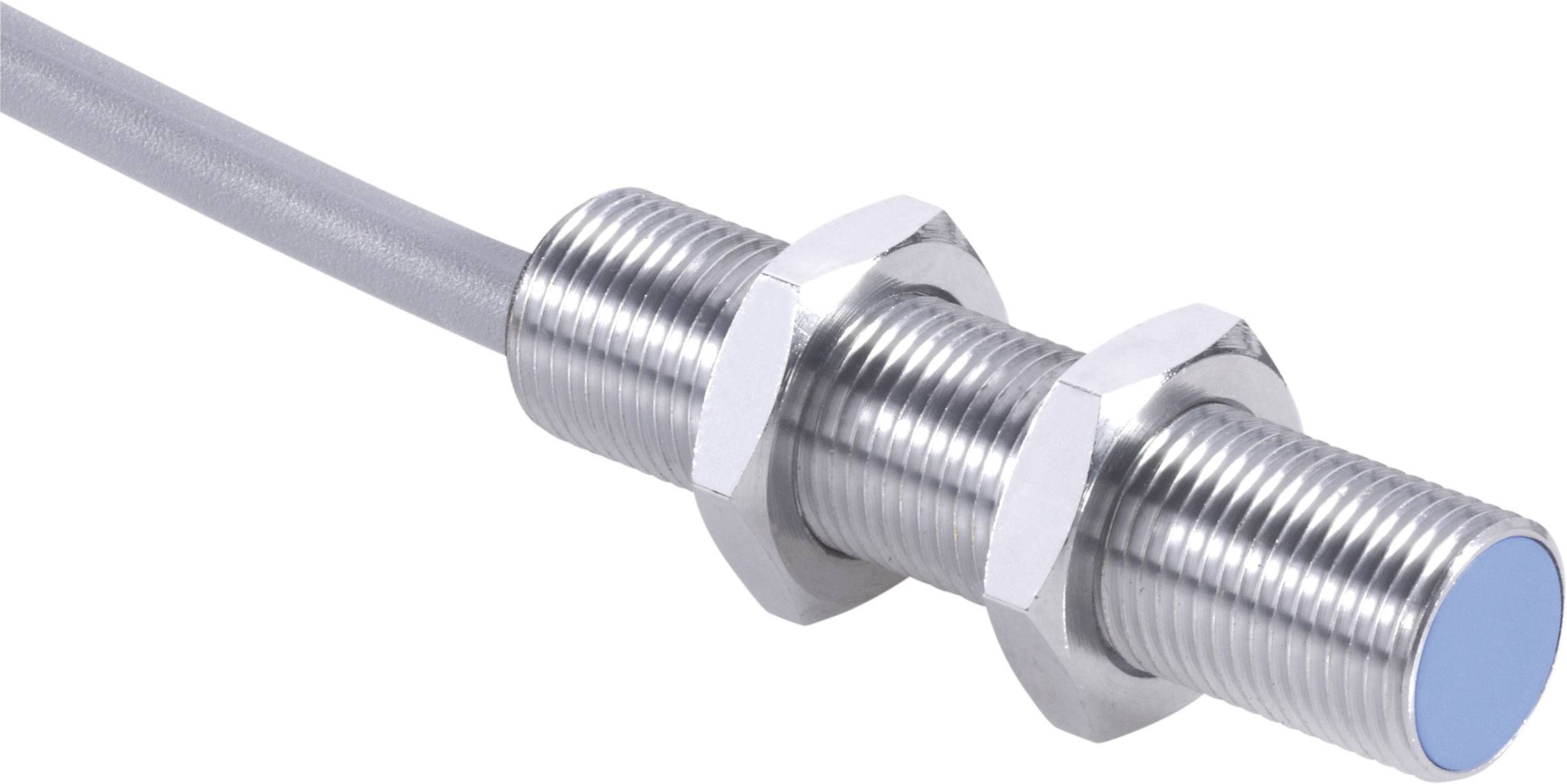 Zylindrischer Induktionssensor aus Metall mit zwei Befestigungsmuttern und grauem Kabel, verwendet zur Erkennung von Objekten.