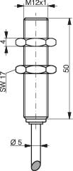 Technische Zeichnung eines Bolzens: Gewinde M12x1, Länge 50 mm, Durchmesser 5 mm, Schlüsselweite SW17, ringförmige Einschnitte bei 4 mm.