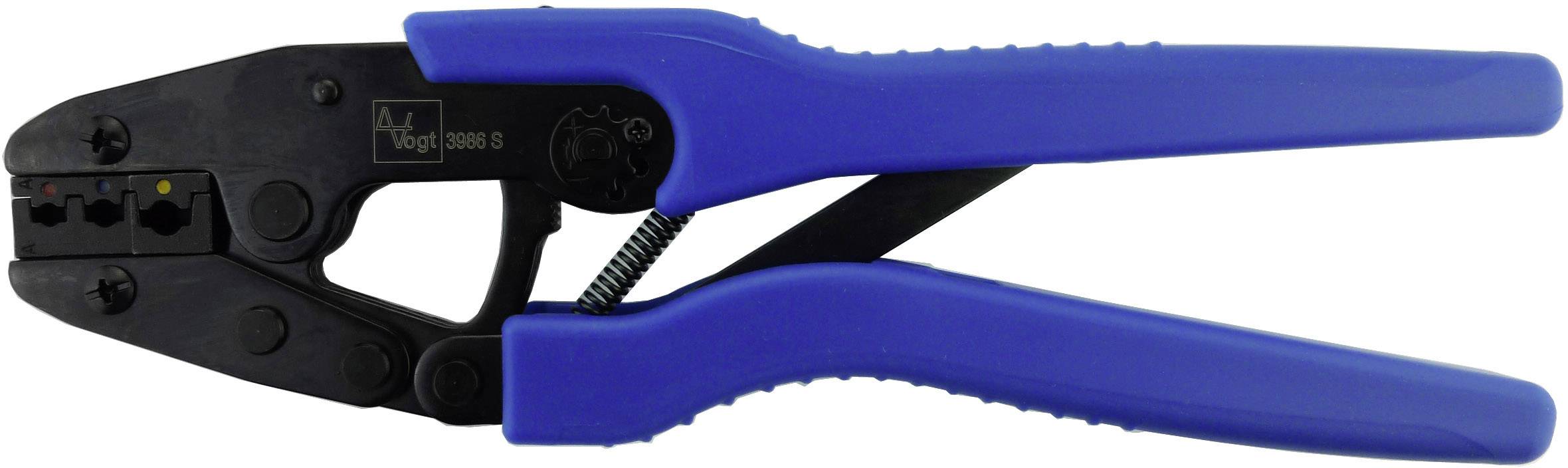 Crimpzange mit blauen Griffen, schwarz lackiertem Körper und integriertem Ratschenmechanismus für Netzwerkkabel.