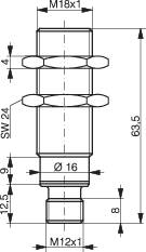 Technische Zeichnung eines zylindrischen Bauteils mit Maßen: Höhe 63,5 mm, Gewinde M18x1 oben, M12x1 unten, Durchmesser 16 mm.