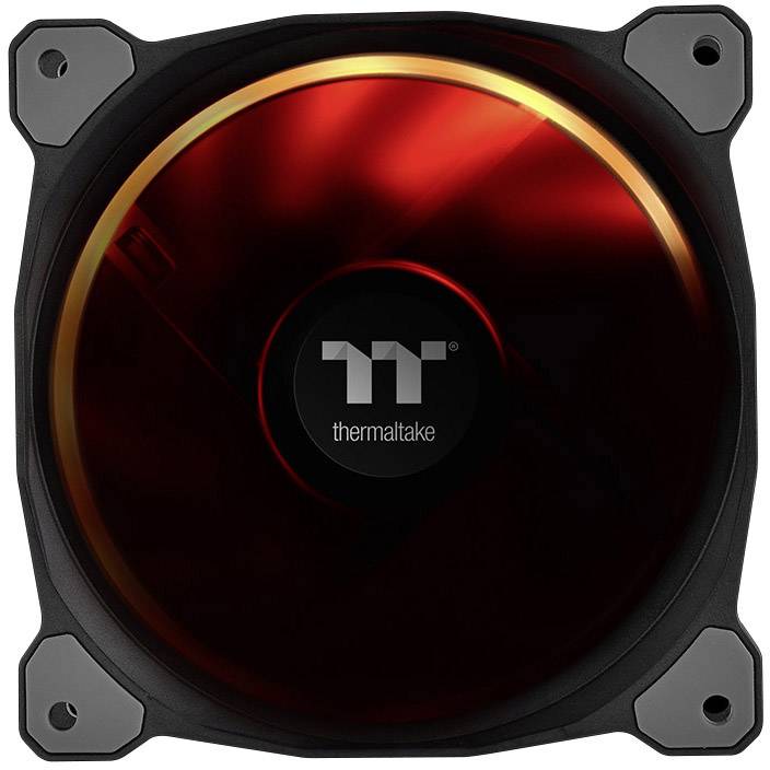 Roter Thermaltake-Gehäuselüfter mit schwarzem Rahmen.