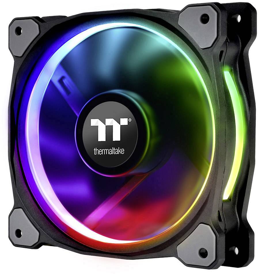 Leuchtender Computergehäuse-Lüfter von Thermaltake mit RGB-LEDs, die in verschiedenen Farben scheinen.