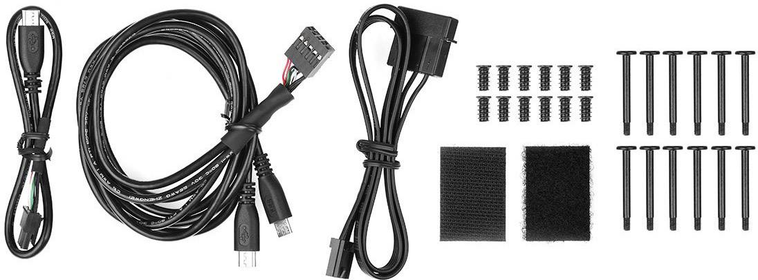 Verschiedene PC-Kabel und Zubehörteile, darunter USB-Kabel, Velcro-Klettverschlüsse, Kabelbinder und Schrauben, auf weißem Hintergrund.