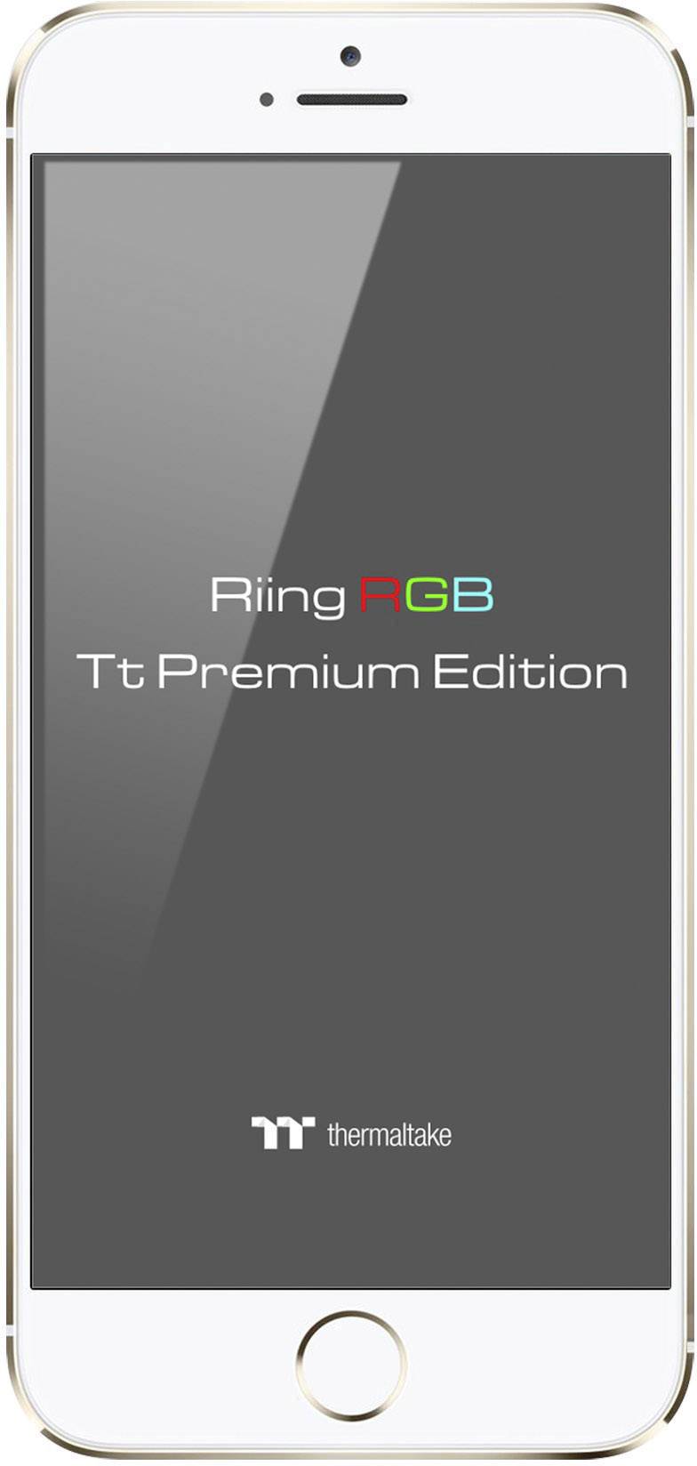 Ein Smartphone zeigt den Schriftzug 'Riing RGB Tt Premium Edition' auf einem dunklen Bildschirm mit dem Thermaltake-Logo unten.