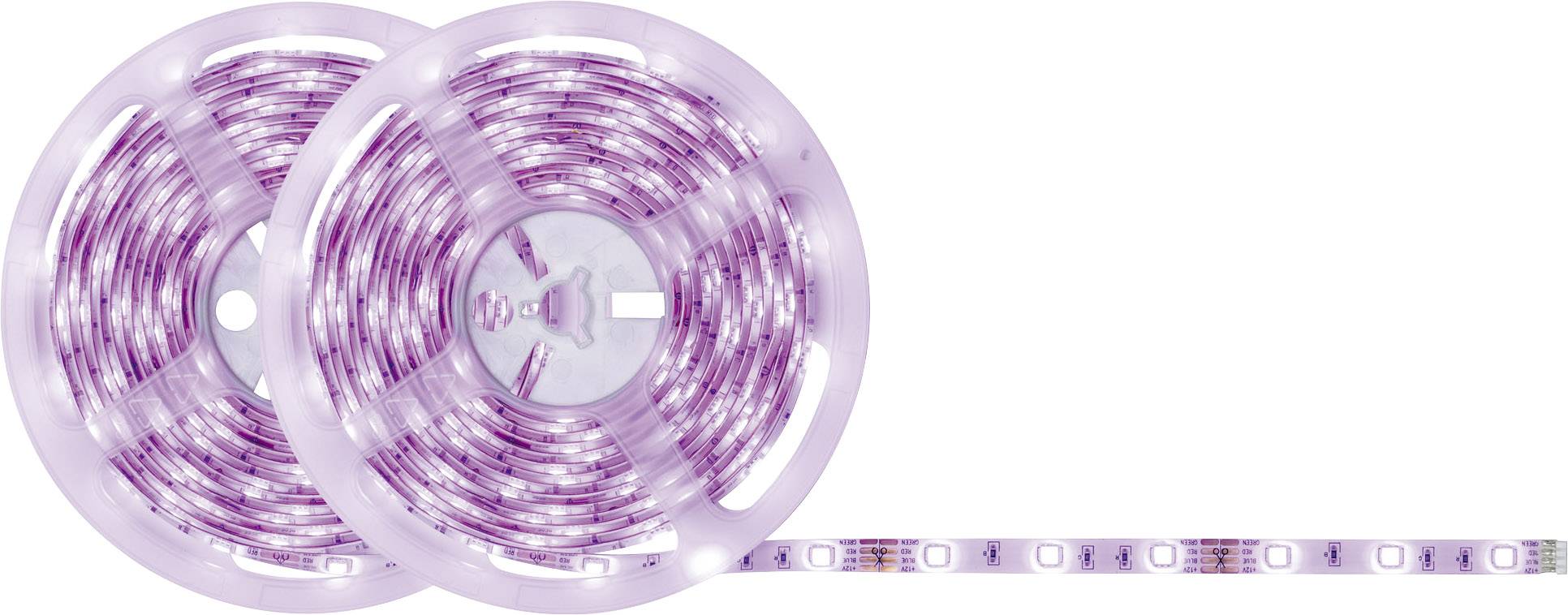 Lila LED-Lichtstreifen auf zwei Rollen, teilweise entrollt. Ideal zur Dekoration und stimmungsvollen Beleuchtung von Innenräumen.