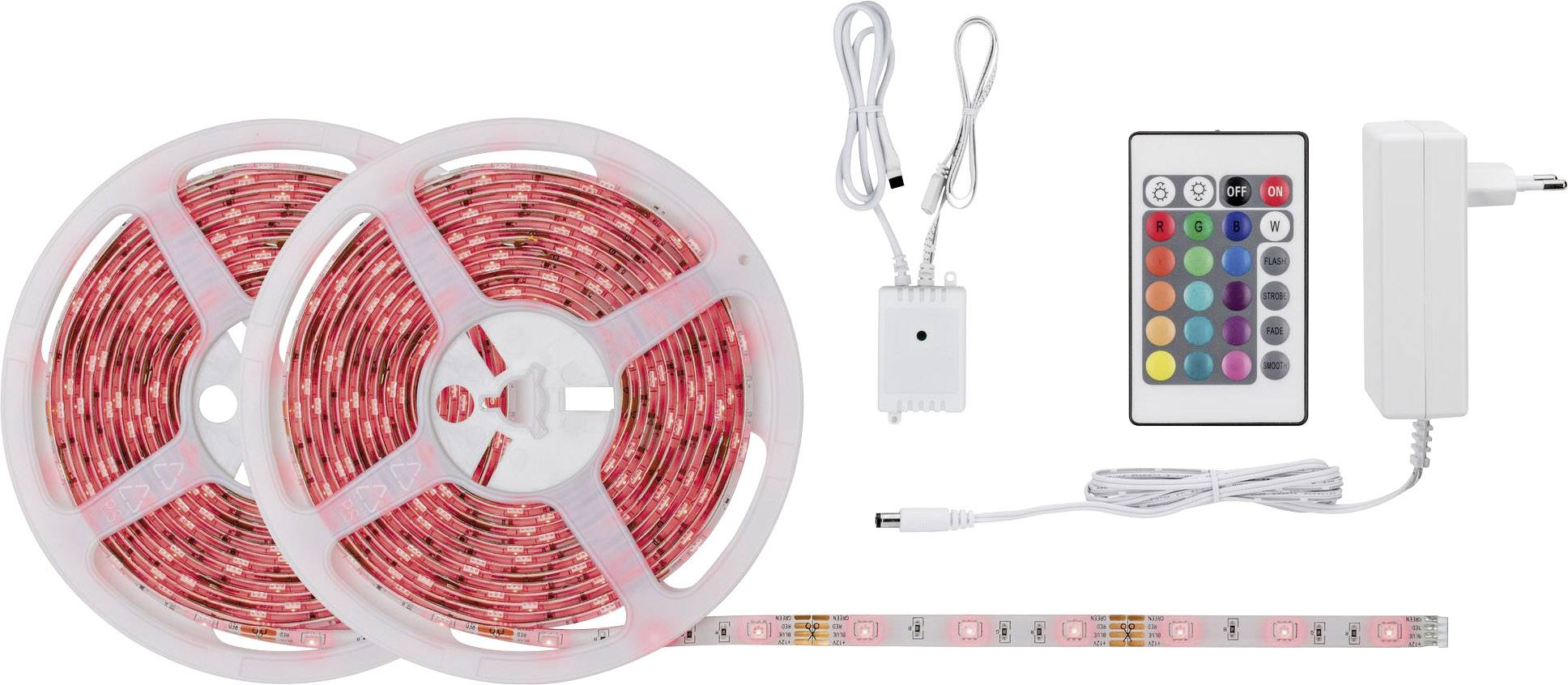 LED-Lichtstreifen-Set mit zwei Rollen, Fernbedienung, Netzteil und Steuergerät. Ideal für anpassbare Beleuchtung.