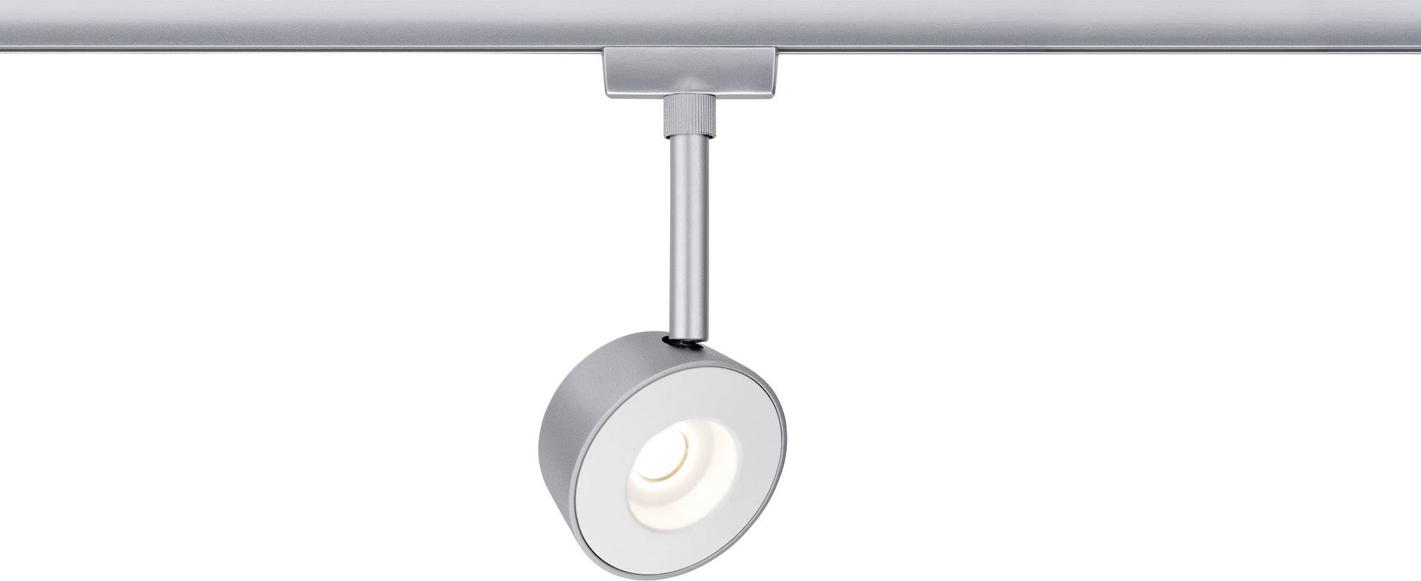 Silberfarbener LED-Deckenspot an einer Schiene montiert, modernes Design.