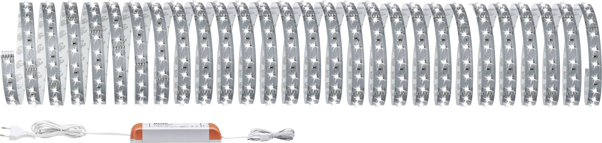 Ein zusammengerollter LED-Streifen mit einem Netzteil und Kabelanschluss darunter.