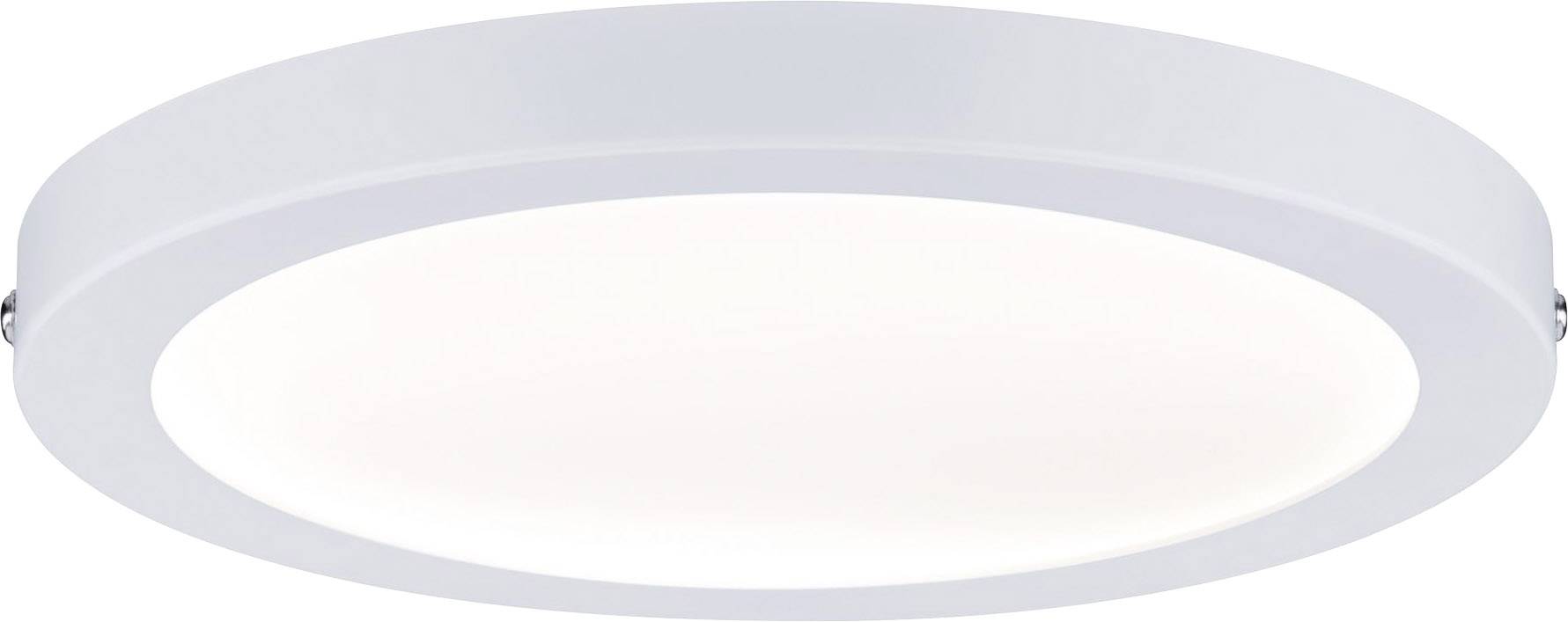 Runde, flache LED-Deckenleuchte mit weißem Rand, emittiert gleichmäßiges, diffuses Licht für eine moderne Raumbeleuchtung.