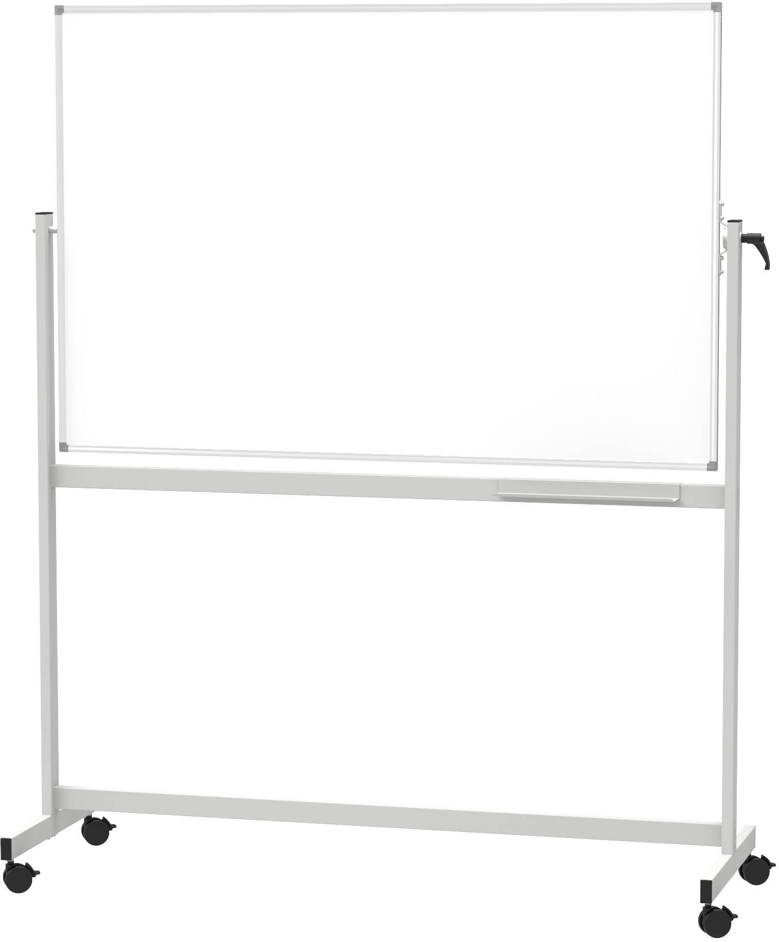 Ein rollbares Whiteboard auf Rädern, mit einer Ablage für Stifte am unteren Rand, geeignet für Präsentationen oder Schulungen.