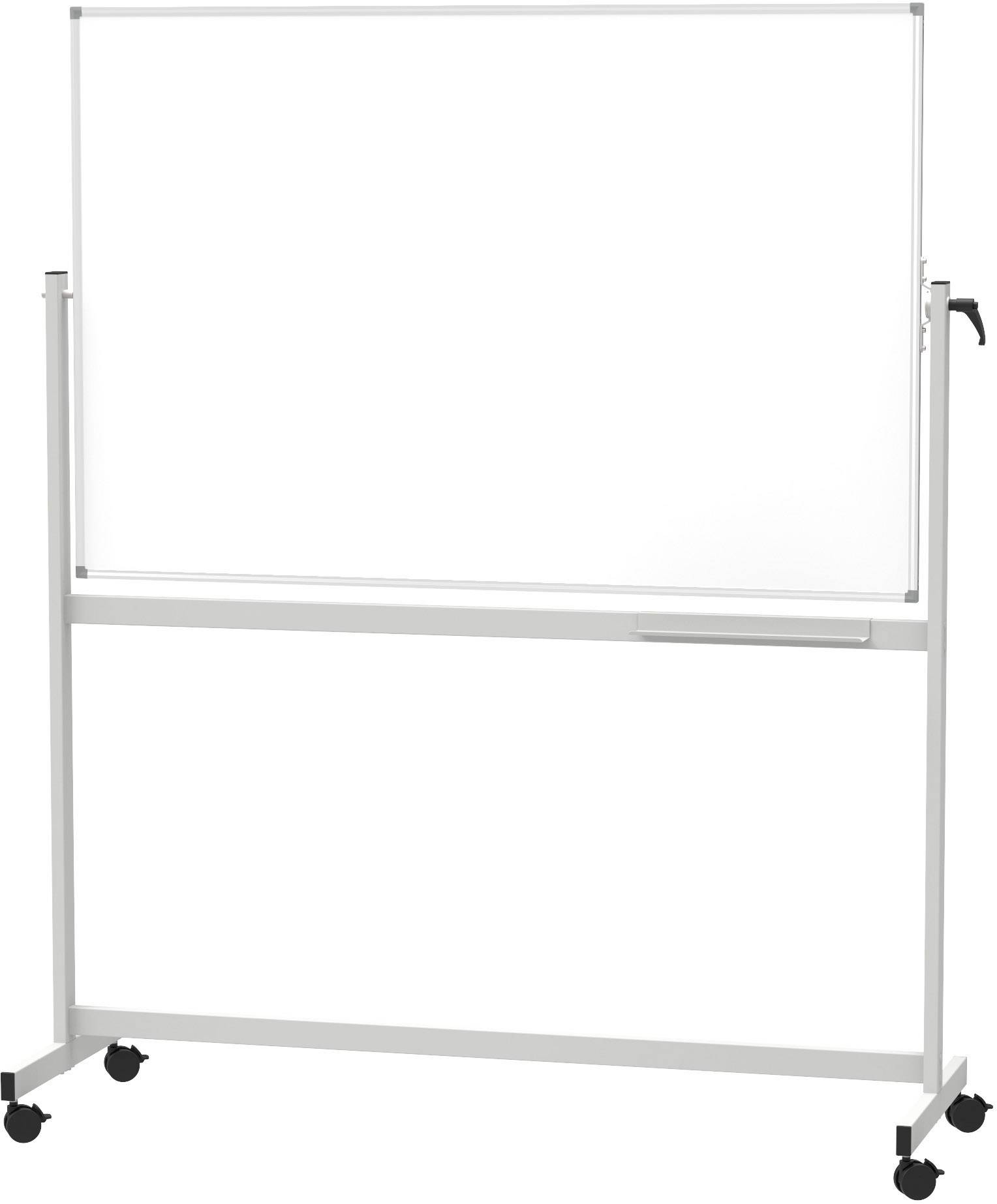 Ein weißes Whiteboard auf einem fahrbaren Gestell mit schwarzen Rollen, geeignet zum Schreiben oder Zeichnen in Büro- oder Schulumgebungen.