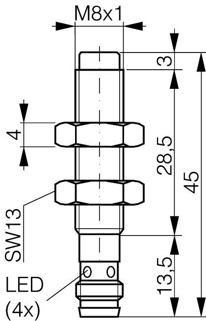 Technische Zeichnung eines Sensors mit M8x1 Gewinde, Länge 45 mm, Breite 13 mm, markiert mit 'LED (4x)'.