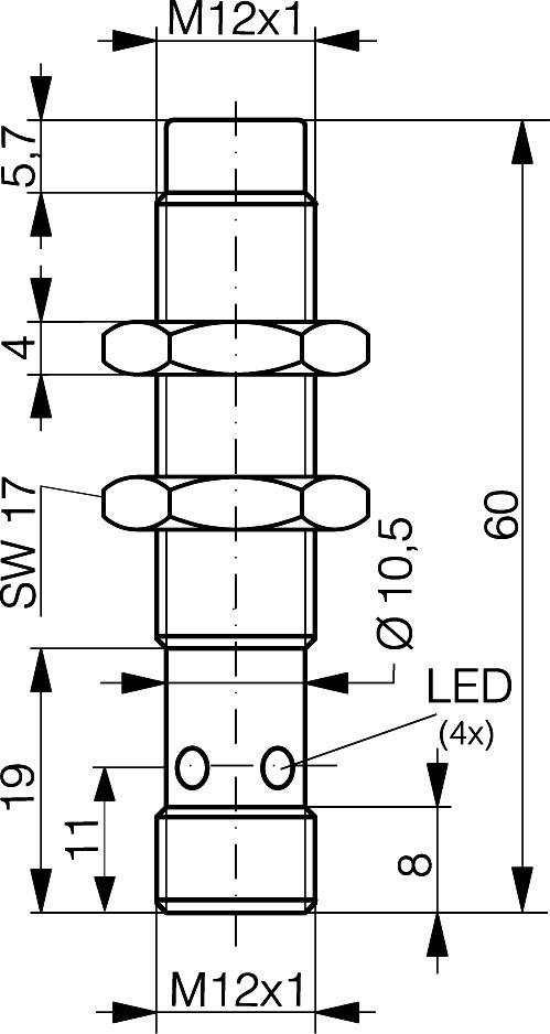 Technische Zeichnung eines zylindrischen Bauteils mit M12x1-Gewinden oben und unten, Länge 60 mm, 4 LEDs markiert, Durchmesser 10,5 mm.