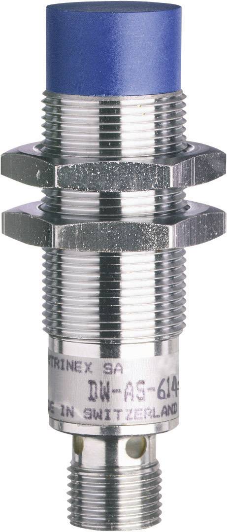 Induktiver Näherungssensor mit blauem Kopf und metallischem Gehäuse. Aufschrift 'TRINEX SA DW-AS-614'. Produktionsland: Schweiz.
