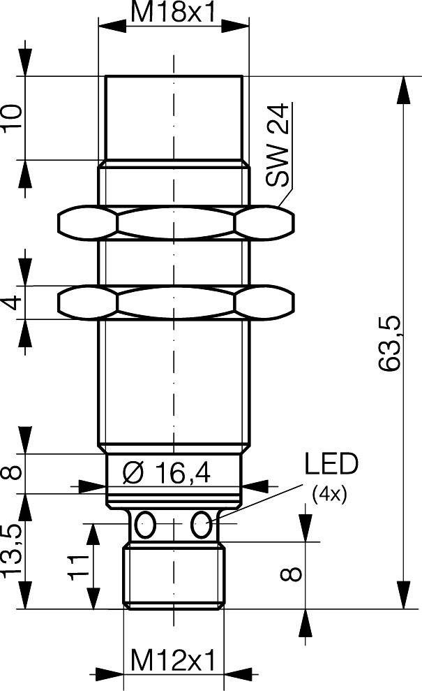 Technische Zeichnung eines Sensors mit Abmessungen: Länge 63,5 mm, Durchmesser Ø16,4 mm. Anschlüsse M18x1 und M12x1. LED-Anzeige.