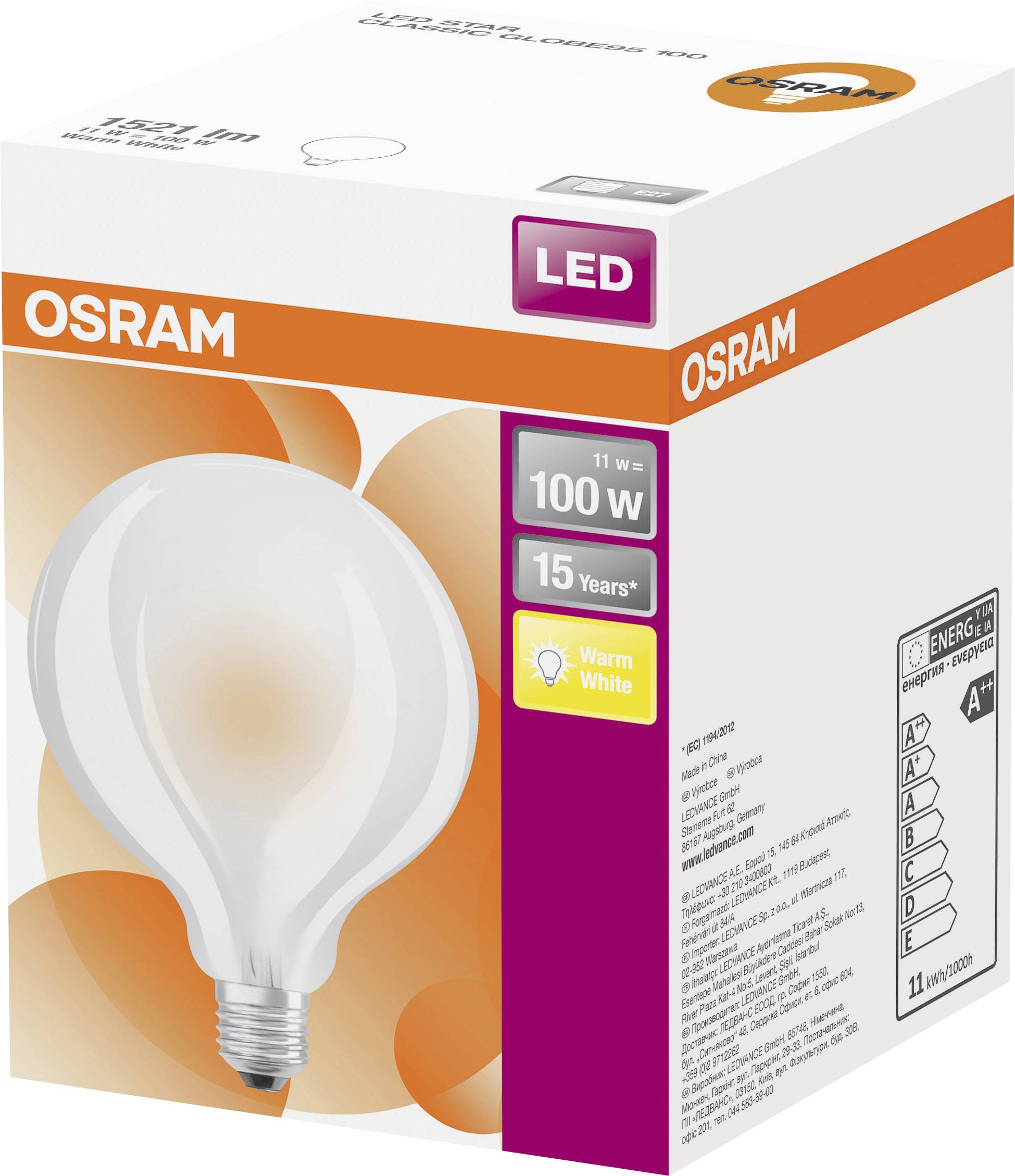 Verpackung einer LED-Lampe von Osram, 11W, entspricht 100W, warmweiß, mit einer Lebensdauer von 15 Jahren. Energieklasse A+.
