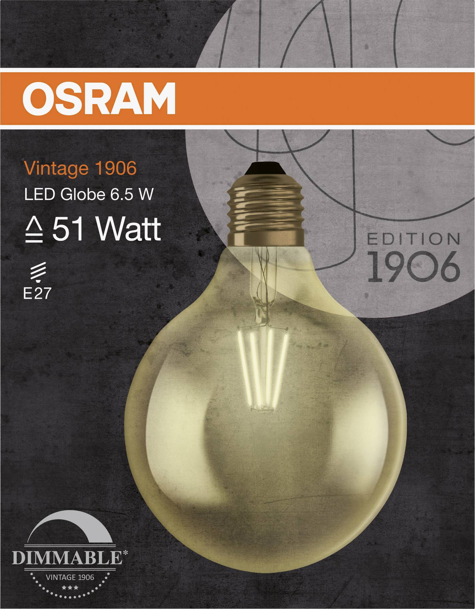 Glühbirnenverpackung der Marke OSRAM, Edition 1906, zeigt eine dimmbare LED-Glühbirne mit 6,5 W, Sockel E27, entspricht 51 Watt.